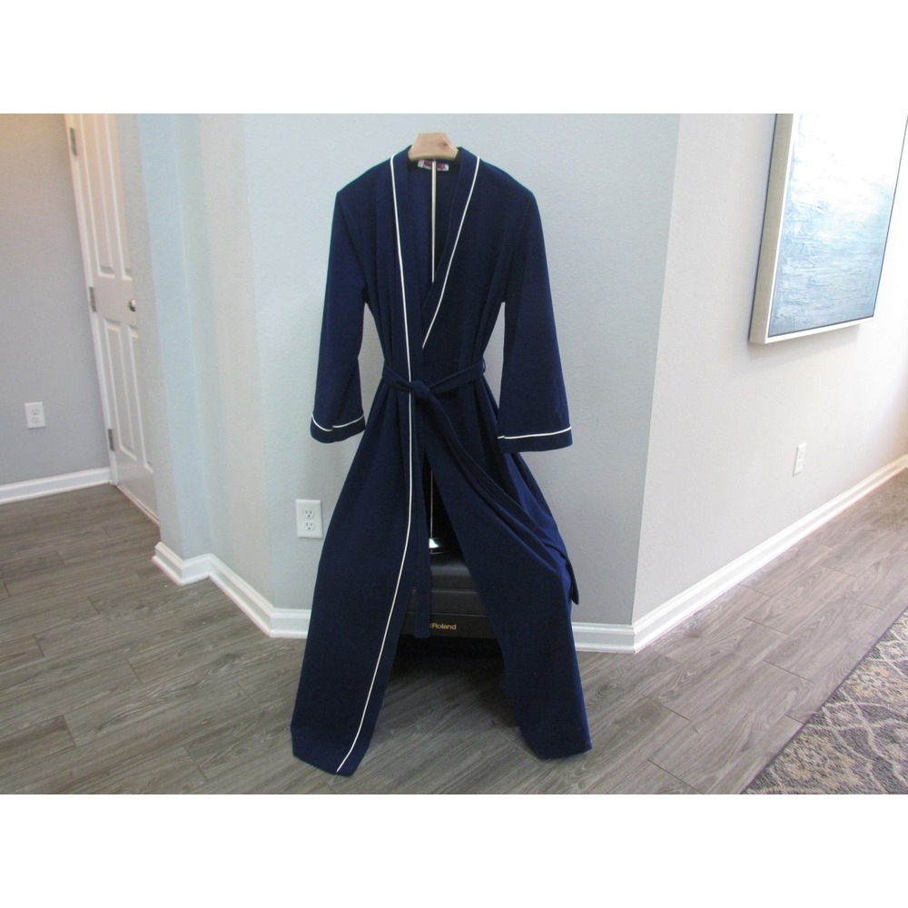 Vanity Fair Robe Size M Navy Blue Vintage Velour White Piping Long Wrap Belted